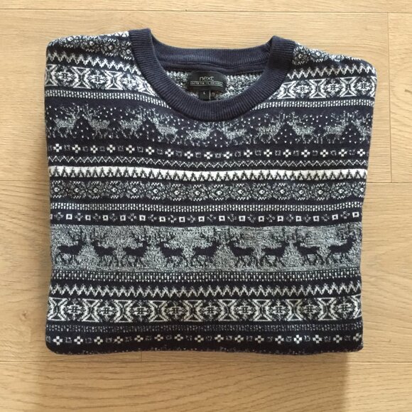 Nordic / Fair Isle Cotton Crew Neck Sweater. S  - Navy/White - Picture 11 of 11